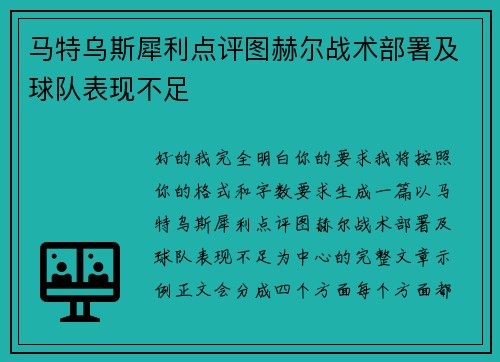 马特乌斯犀利点评图赫尔战术部署及球队表现不足 马特乌斯犀利点评图赫尔战术部署及球队表现不足