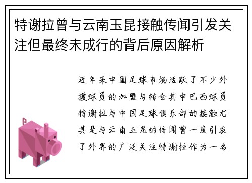 特谢拉曾与云南玉昆接触传闻引发关注但最终未成行的背后原因解析